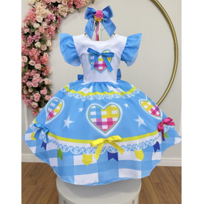 Vestido Infantil Junino Festas Azul Coração Colorido