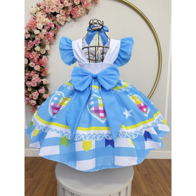 Vestido Infantil Junino Festas Azul Coração Colorido