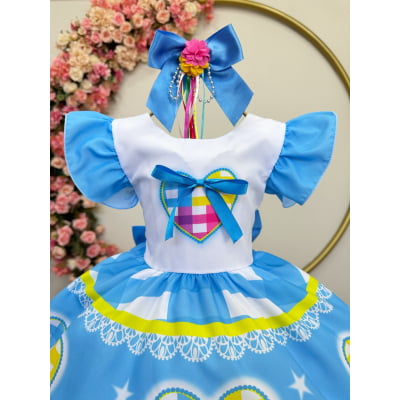Vestido Infantil Junino Festas Azul Coração Colorido