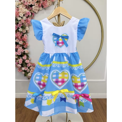 Vestido Infantil Junino Festas Azul Coração Colorido