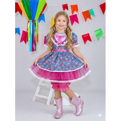 Vestido Infantil Junino Festas Azul Florido e Brilho Vestido Infantil Junino Festas Azul Florido e Brilho