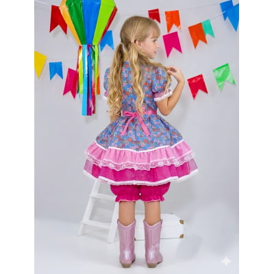 Vestido Infantil Junino Festas Azul Florido e Brilho