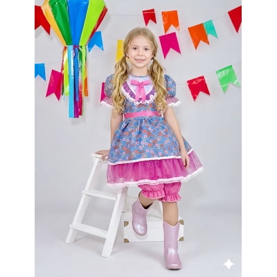 Vestido Infantil Junino Festas Azul Florido e Brilho