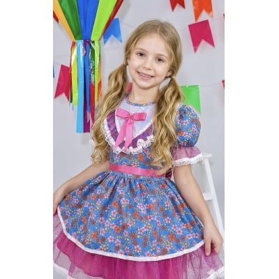 Vestido Infantil Junino Festas Azul Florido e Brilho