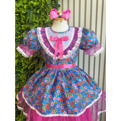 Vestido Infantil Junino Festas Azul Florido e Brilho