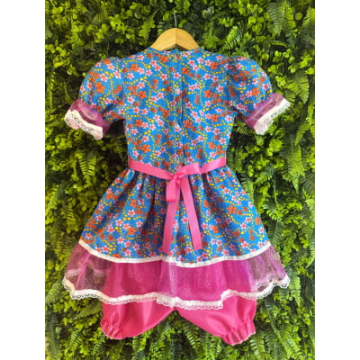 Vestido Infantil Junino Festas Azul Florido e Brilho