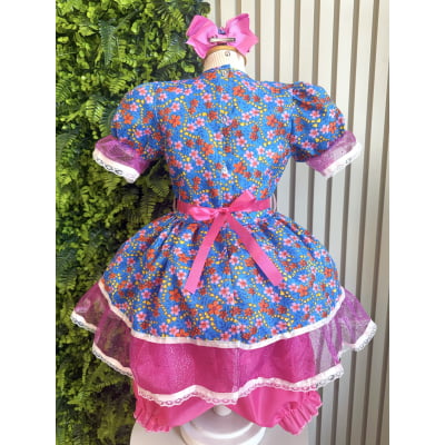 Vestido Infantil Junino Festas Azul Florido e Brilho