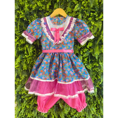 Vestido Infantil Junino Festas Azul Florido e Brilho