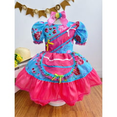Vestido Infantil Junino Festas Azul Florzinhas Coloridas