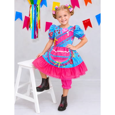 Vestido Infantil Junino Festas Azul Florzinhas Coloridas Vestido Infantil Junino Festas Azul Florzinhas Coloridas