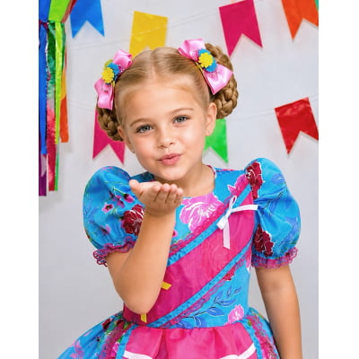 Vestido Infantil Junino Festas Azul Florzinhas Coloridas