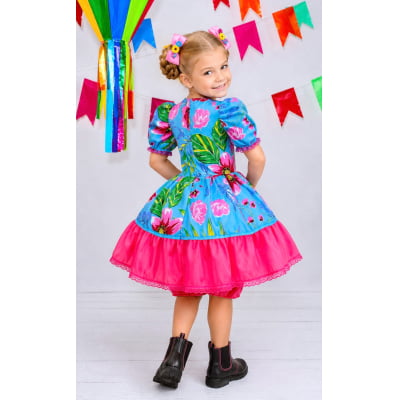 Vestido Infantil Junino Festas Azul Florzinhas Coloridas