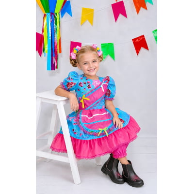 Vestido Infantil Junino Festas Azul Florzinhas Coloridas