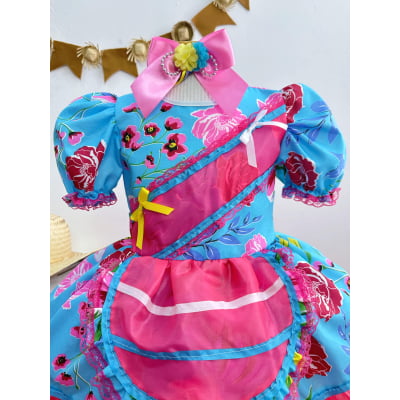 Vestido Infantil Junino Festas Azul Florzinhas Coloridas