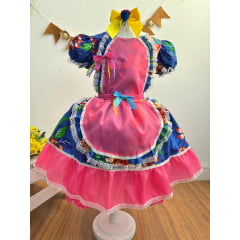 Vestido Infantil Junino Festas Caipira Azul e Rosa Florido