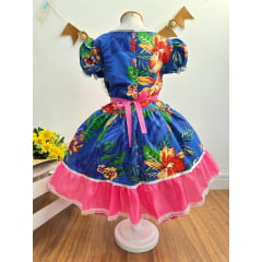 Vestido Infantil Junino Festas Caipira Azul e Rosa Florido