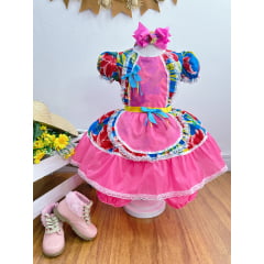 Vestido Infantil Junino Festas Caipira Rosa e Azul Florido