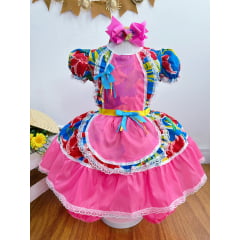 Vestido Infantil Junino Festas Caipira Rosa e Azul Florido