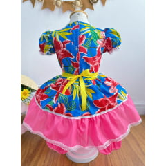 Vestido Infantil Junino Festas Caipira Rosa e Azul Florido