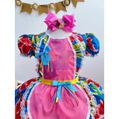 Vestido Infantil Junino Festas Caipira Rosa e Azul Florido