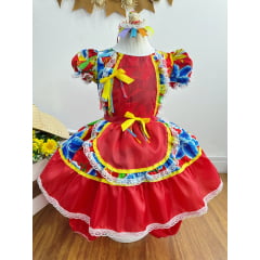 Vestido Infantil Junino Festas Caipira Vermelho e Azul Florido