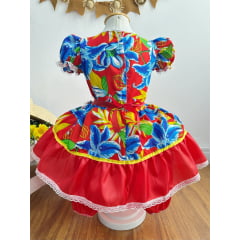 Vestido Infantil Junino Festas Caipira Vermelho e Azul Florido