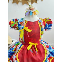 Vestido Infantil Junino Festas Caipira Vermelho e Azul Florido