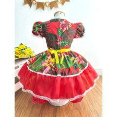 Vestido Infantil Junino Festas Caipira Vermelho e Verde Florido