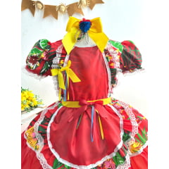 Vestido Infantil Junino Festas Caipira Vermelho e Verde Florido