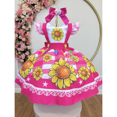 Vestido Infantil Junino Festas Pink Girassol Colorido