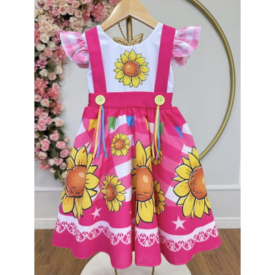 Vestido Infantil Junino Festas Pink Girassol Colorido