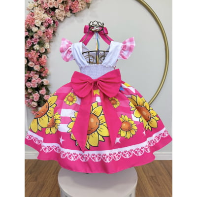 Vestido Infantil Junino Festas Pink Girassol Colorido