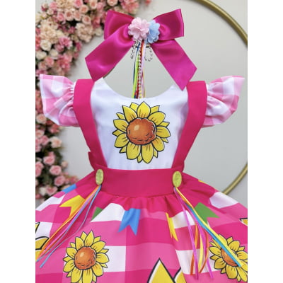 Vestido Infantil Junino Festas Pink Girassol Colorido