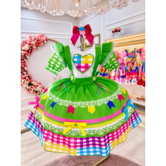Vestido Infantil Junino Festas Verde Colorido Luxo