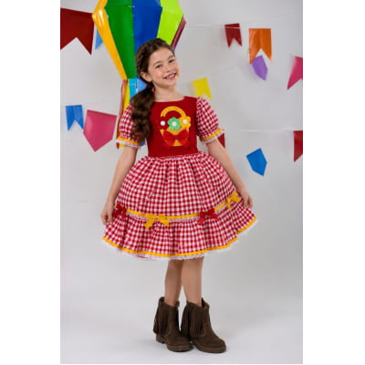 Vestido Infantil Junino Festas Vermelho Xadrez Colorido