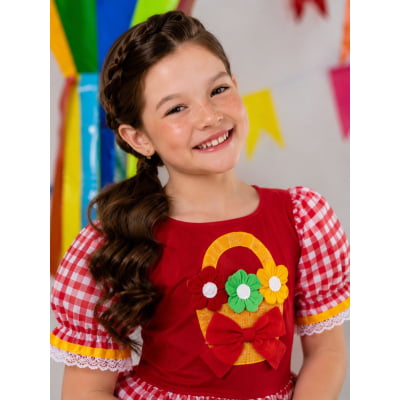 Vestido Infantil Junino Festas Vermelho Xadrez Colorido