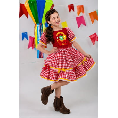 Vestido Infantil Junino Festas Vermelho Xadrez Colorido