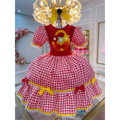 Vestido Infantil Junino Festas Vermelho Xadrez Colorido