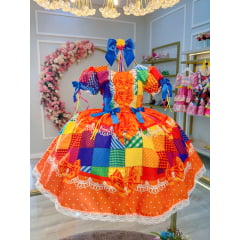 Vestido Infantil Junino Laranja Xadrez Colorido Luxo