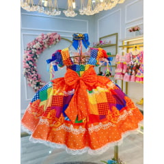 Vestido Infantil Junino Laranja Xadrez Colorido Luxo