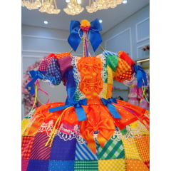 Vestido Infantil Junino Laranja Xadrez Colorido Luxo
