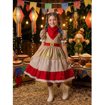 Vestido Infantil Junino Luxo Arraiá Maria Bonita c/ Lenço Festa Junina
