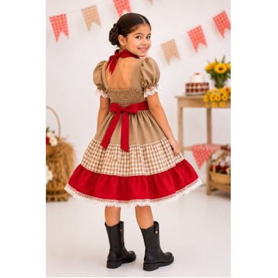 Vestido Infantil Junino Luxo Arraiá Maria Bonita c/ Lenço Festa Junina