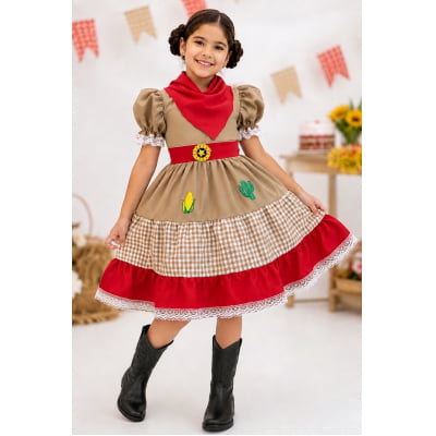 Vestido Infantil Junino Luxo Arraiá Maria Bonita c/ Lenço Festa Junina