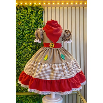 Vestido Infantil Junino Luxo Arraiá Maria Bonita c/ Lenço Festa Junina