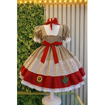 Vestido Infantil Junino Luxo Arraiá Maria Bonita c/ Lenço Festa Junina