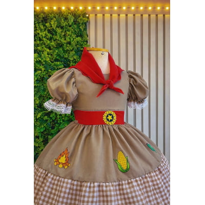 Vestido Infantil Junino Luxo Arraiá Maria Bonita c/ Lenço Festa Junina