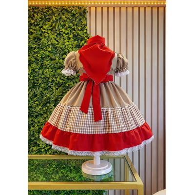 Vestido Infantil Junino Luxo Arraiá Maria Bonita c/ Lenço Festa Junina