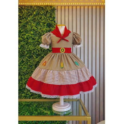 Vestido Infantil Junino Luxo Arraiá Maria Bonita c/ Lenço Festa Junina