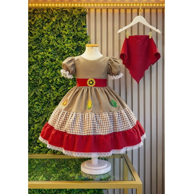 Vestido Infantil Junino Luxo Arraiá Maria Bonita c/ Lenço Festa Junina